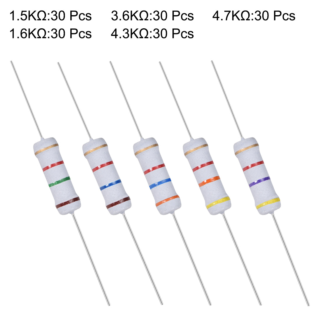 Harfington 150pcs 2W Metal Oxide Film Resistor 1.5KR,1.6KR,3.6KR,4.3KR,4.7KR Ohm 5%