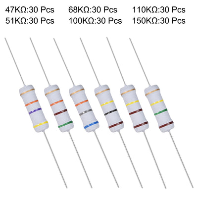 Harfington 180pcs 2W Metal Oxide Film Resistor 47KR,51KR,68KR,100KR,110KR,150KR Ohm 5%