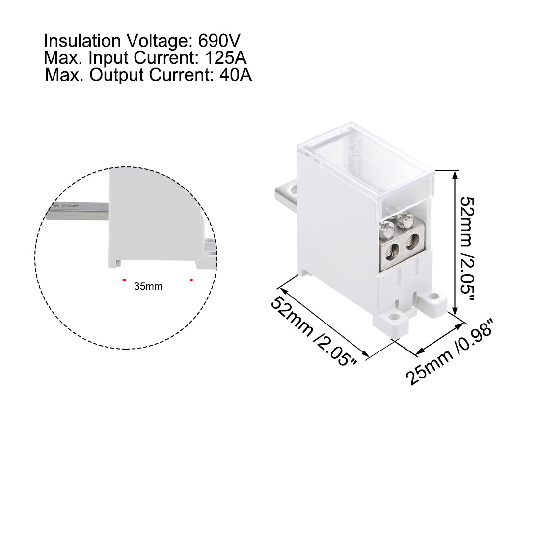 Harfington 1 Inlet 2 Outlet DIN Rail Terminal Blocks 125A Max Input Distribution Block for Circuit Breaker
