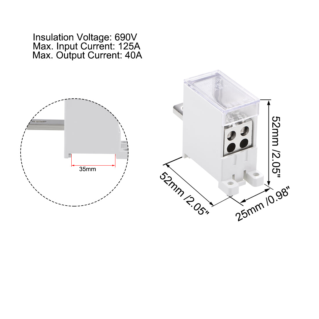 Harfington 1 Inlet 4 Outlet DIN Rail Terminal Blocks 125A Max Input Distribution Block for Circuit Breaker