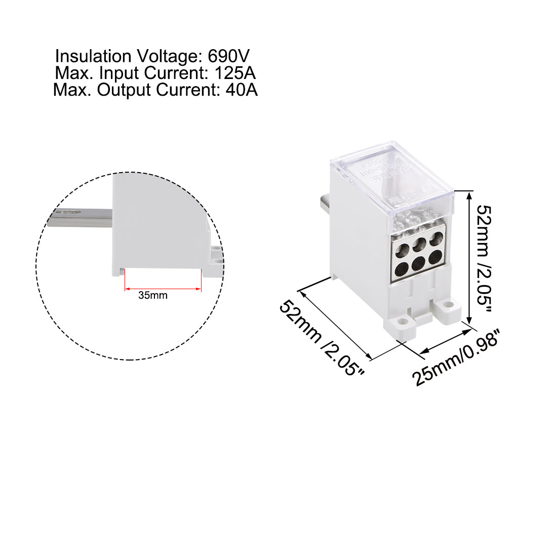 Harfington 1 Inlet 6 Outlet DIN Rail Terminal Blocks 125A Max Input Distribution Block for Circuit Breaker