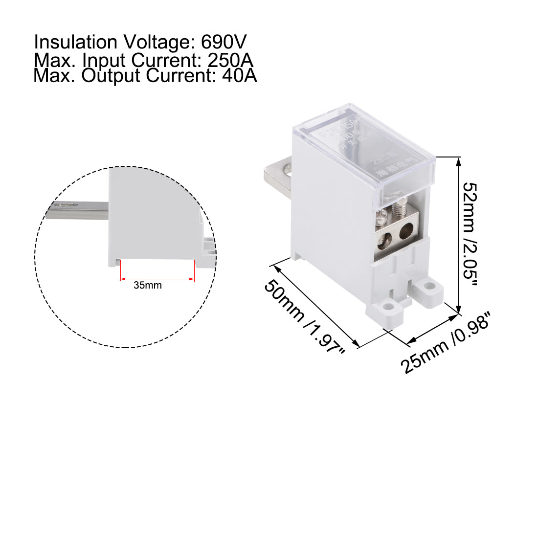 Harfington 1 In 2 Out DIN Rail Terminal Blocks 250A Max Input Distribution Block for Circuit Breaker