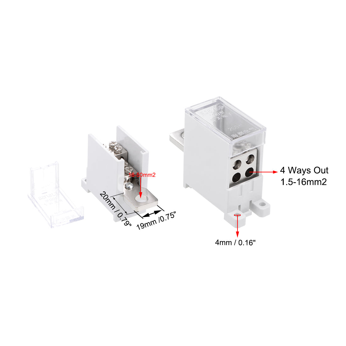 Harfington 1 In 4 Out DIN Rail Terminal Blocks 250A Max Input Distribution Block for Circuit Breaker