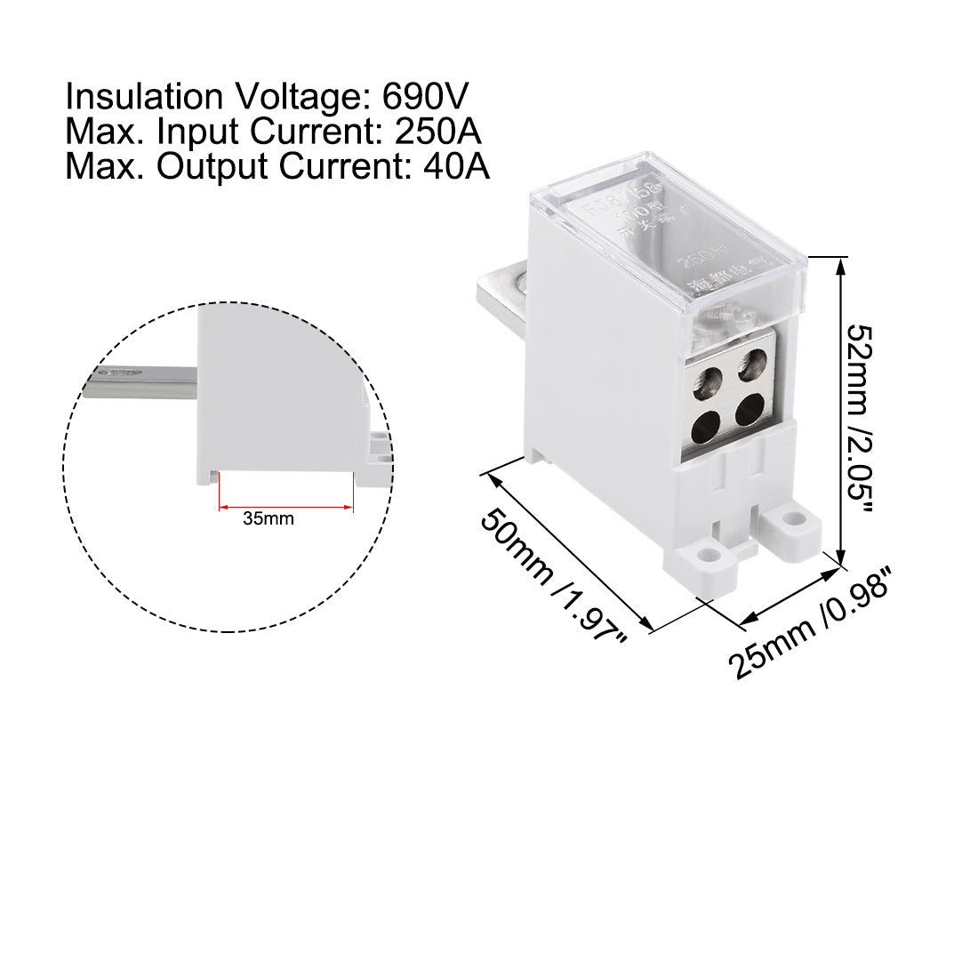 Harfington 1 In 4 Out DIN Rail Terminal Blocks 250A Max Input Distribution Block for Circuit Breaker