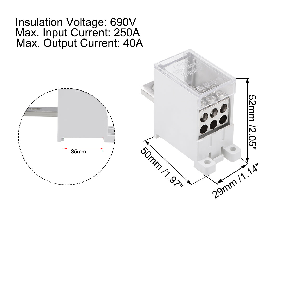 Harfington 1 In 6 Out DIN Rail Terminal Blocks 250A Max Input Distribution Block for Circuit Breaker