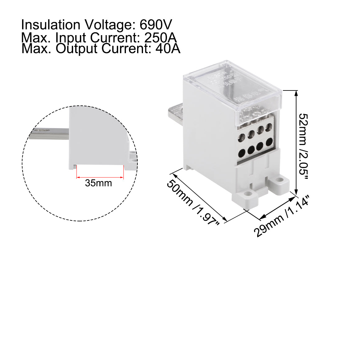 Harfington 1 In 8 Out DIN Rail Terminal Blocks 250A Max Input Distribution Block for Circuit Breaker