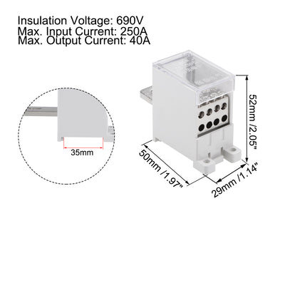 Harfington 1 In 8 Out DIN Rail Terminal Blocks 250A Max Input Distribution Block for Circuit Breaker