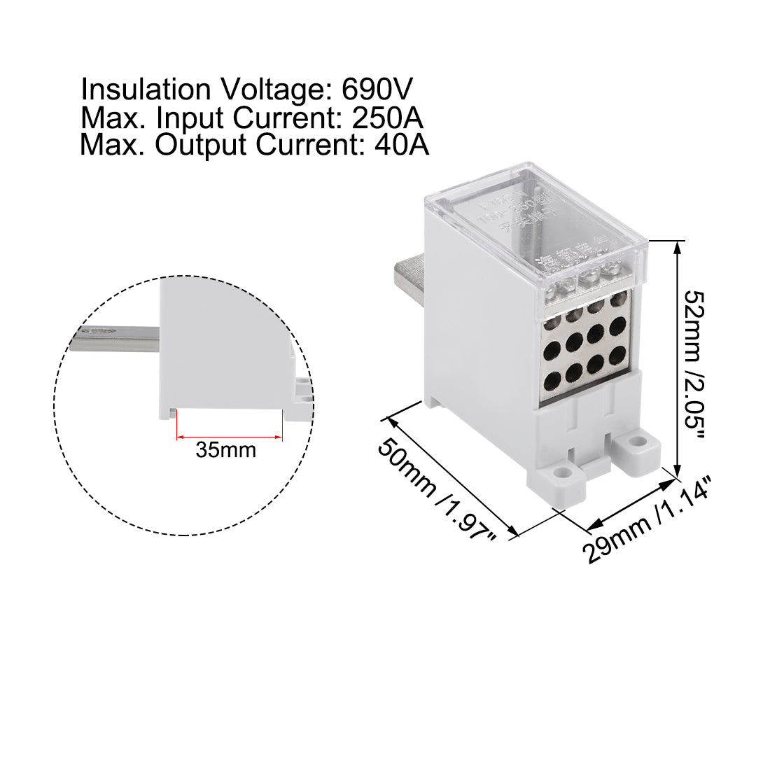 Harfington 1 In 12 Out DIN Rail Terminal Blocks 250A Max Input Distribution Block for Circuit Breaker