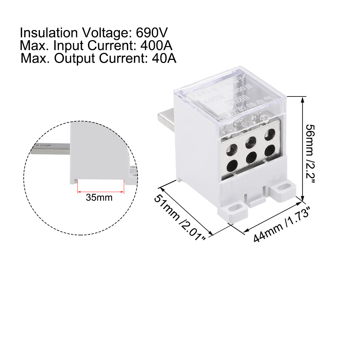 Harfington 1 In 6 Out DIN Rail Terminal Blocks 400A Max Input Distribution Block for Circuit Breaker