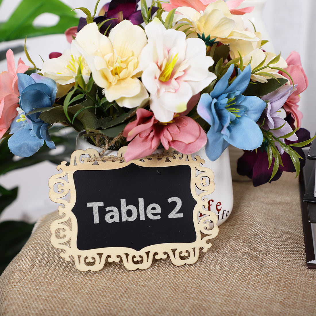 Harfington 14pcs Mini Hollow Lace Chalkboard Signs Tags with Hanging Rope for Wedding Sign