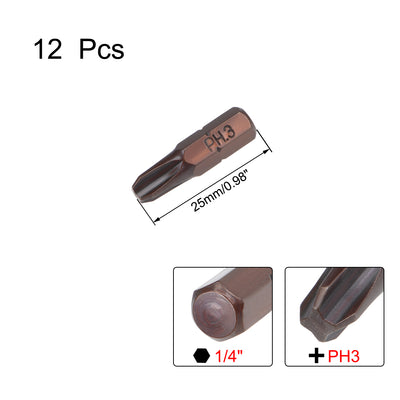 Harfington 12pcs Phillips Bits 1/4inch Hex Shank 25mm Length Cross PH3 Magnetic Screw Driver S2 Screwdriver Bit
