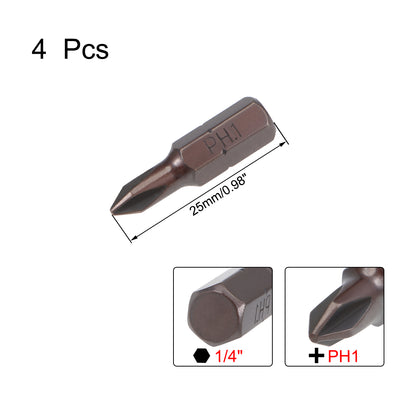 Harfington 4pcs Phillips Bits 1/4inch Hex Shank 25mm Length Cross PH1 Magnetic Screw Driver S2 Screwdriver Bit