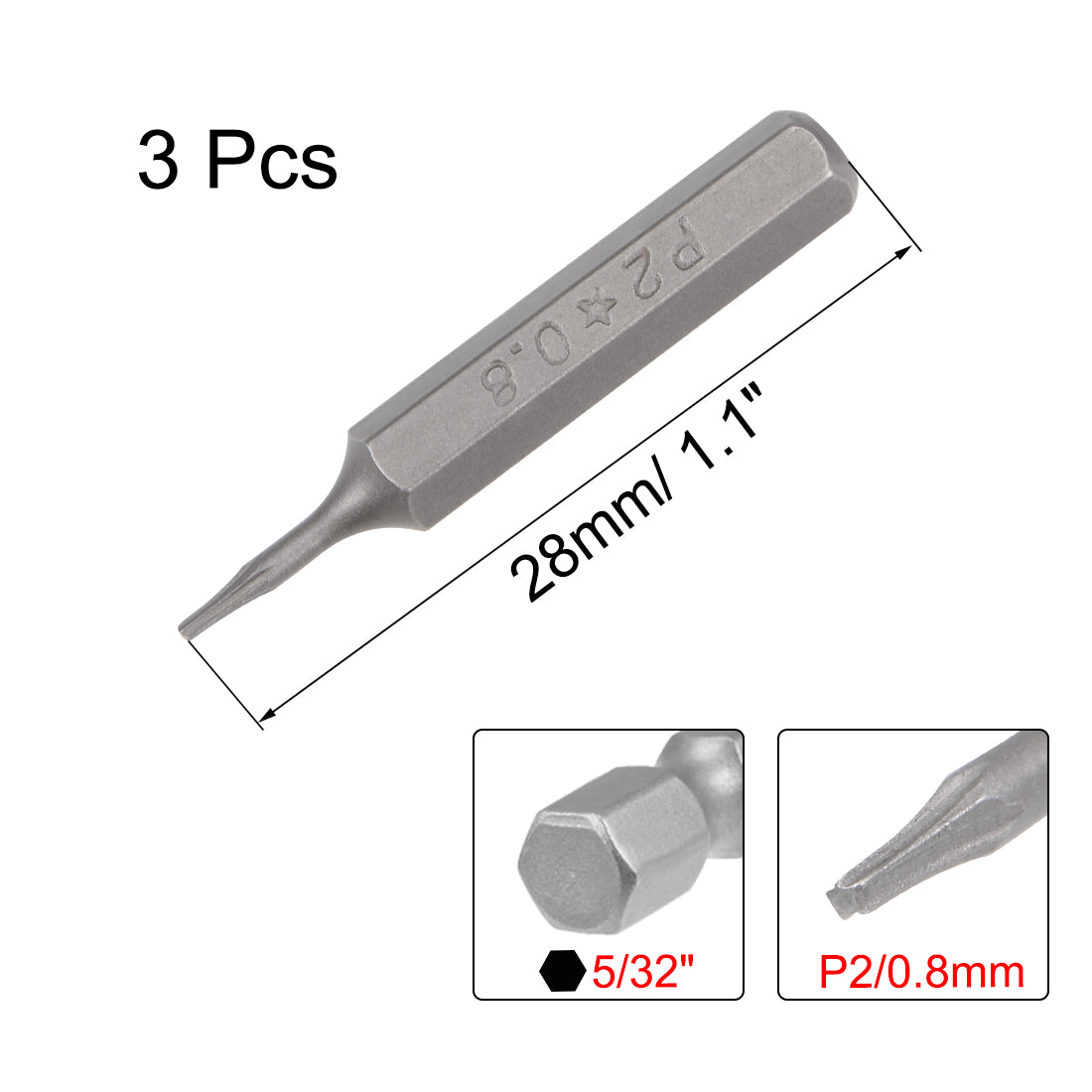 Harfington Screwdriver Bits 3pcs 5/32 Inch Hex Shank Star-Shape P2/0.8mm Screwdriver Bit Set 28mm Length P2 Screw Driver Kit Tools