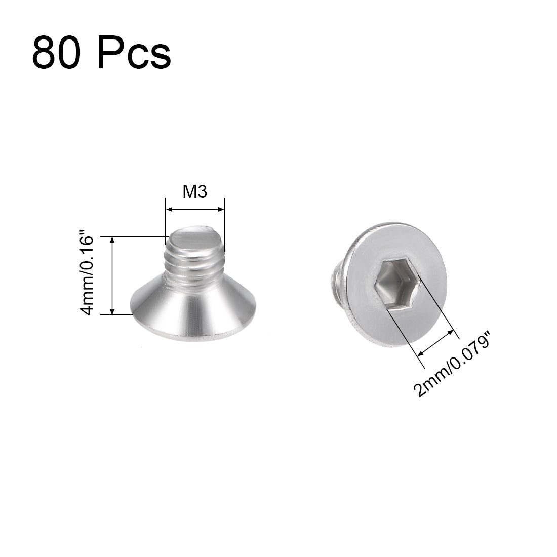 Harfington Flat Head Machine Screws Inner Hex Screw 304 Stainless Steel Fasteners Bolt 80pcs