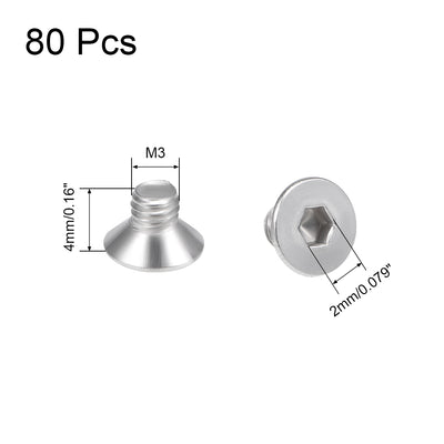 Harfington Flat Head Machine Screws Inner Hex Screw 304 Stainless Steel Fasteners Bolt 80pcs