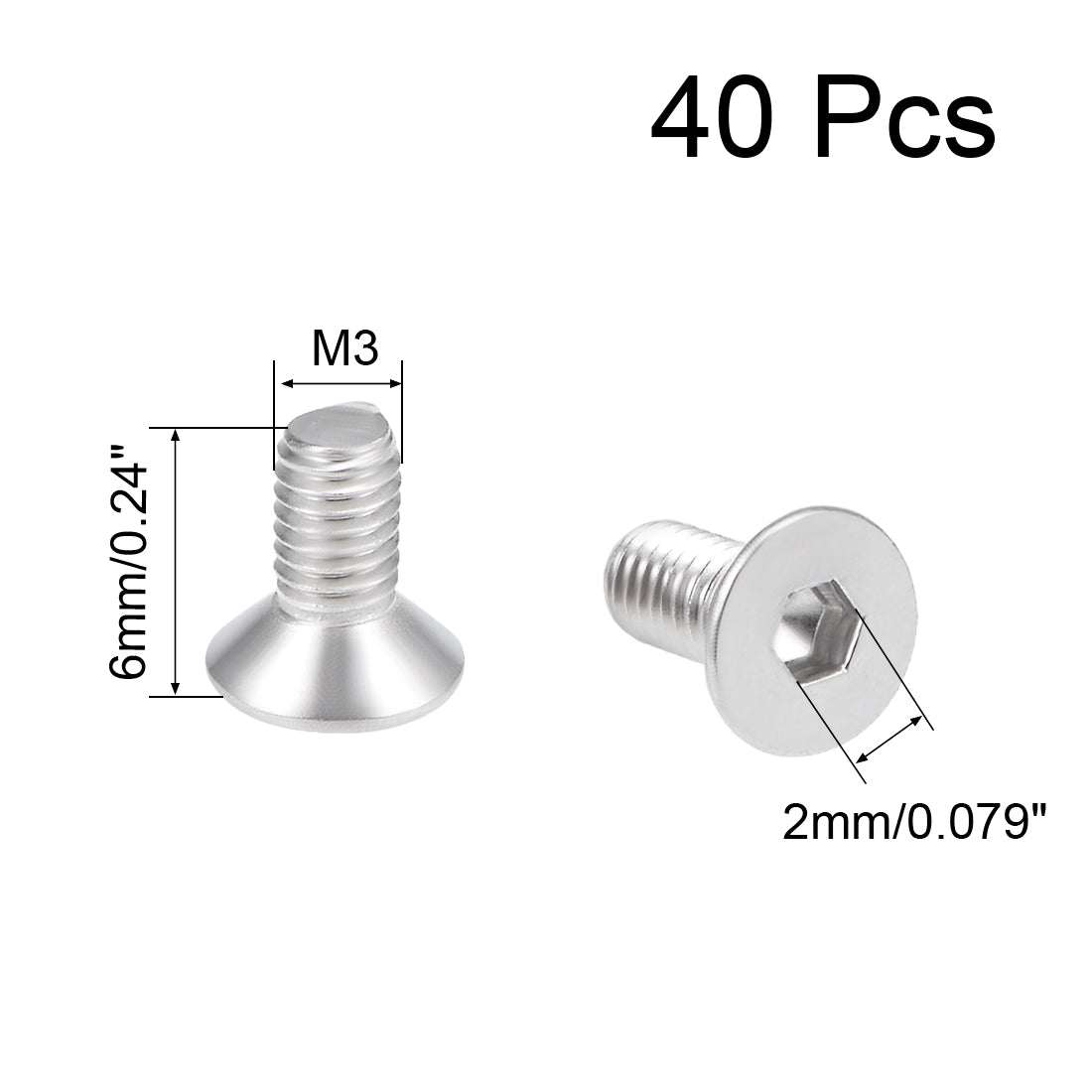 Harfington M3x6mm Flat Head Machine Screws Inner Hex Screw 304 Stainless Steel Fasteners Bolts 40Pcs