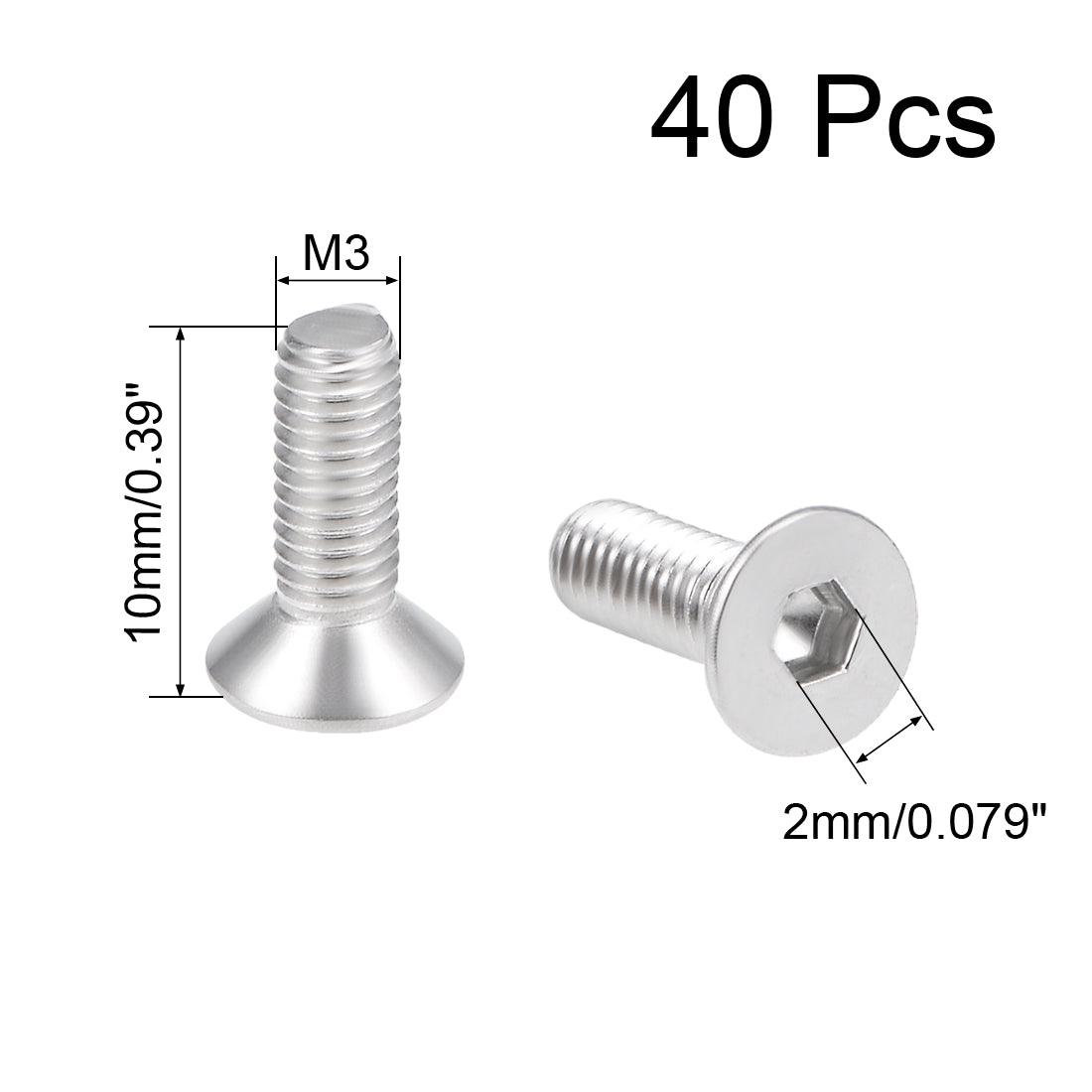 Harfington M3x10mm Flat Head Machine Screws Inner Hex Screw 304 Stainless Steel Fasteners Bolts 40Pcs