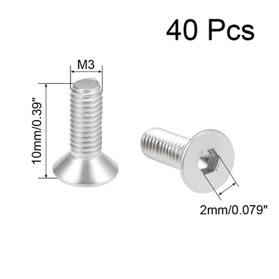 Harfington M3x10mm Flat Head Machine Screws Inner Hex Screw 304 Stainless Steel Fasteners Bolts 40Pcs