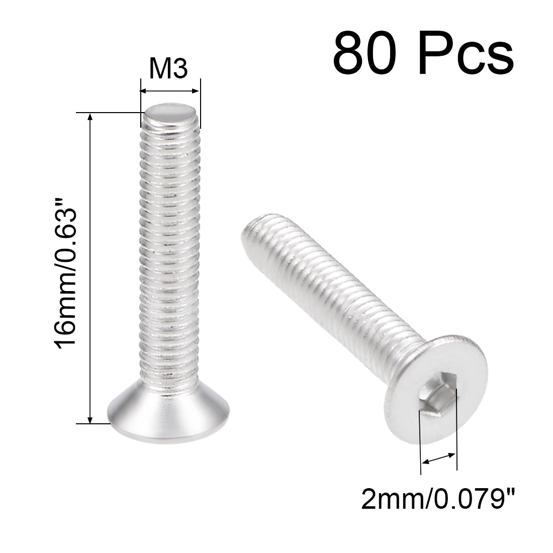 Harfington Flat Head Machine Screws Inner Hex Screw 304 Stainless Steel Fasteners Bolt 80pcs