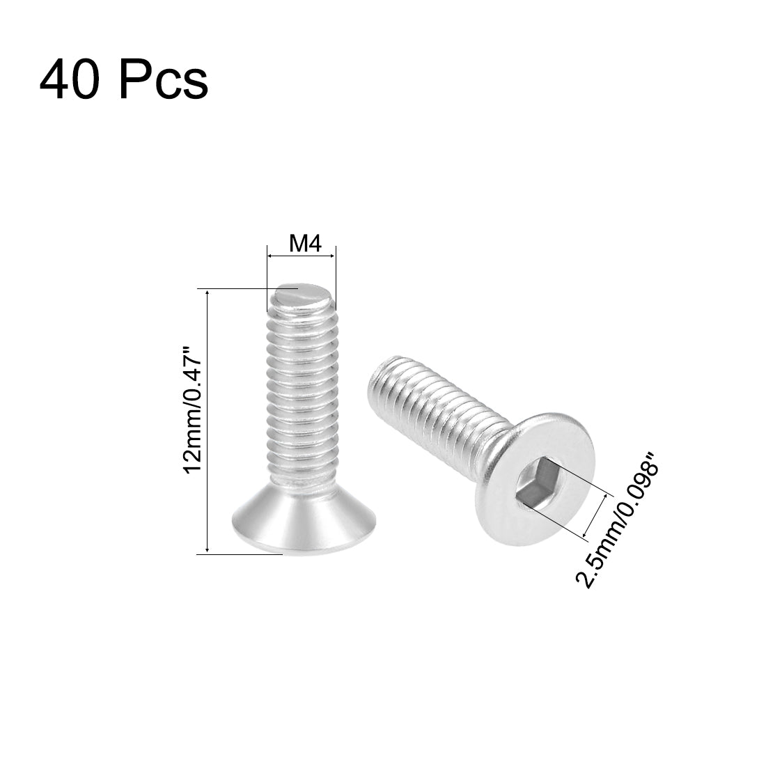 Harfington M4x12mm Flat Head Machine Screws Inner Hex Screw 304 Stainless Steel Fasteners Bolts 40Pcs