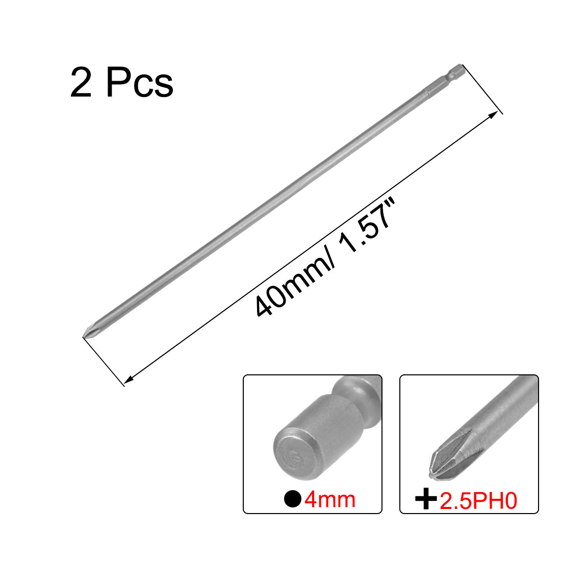 Harfington Phillips Bits 2pcs 4mm Round Shank Magnetic Cross 2.5PH0 Screwdriver Bit Set 40mm Length S2 Screw Driver Kit Tools