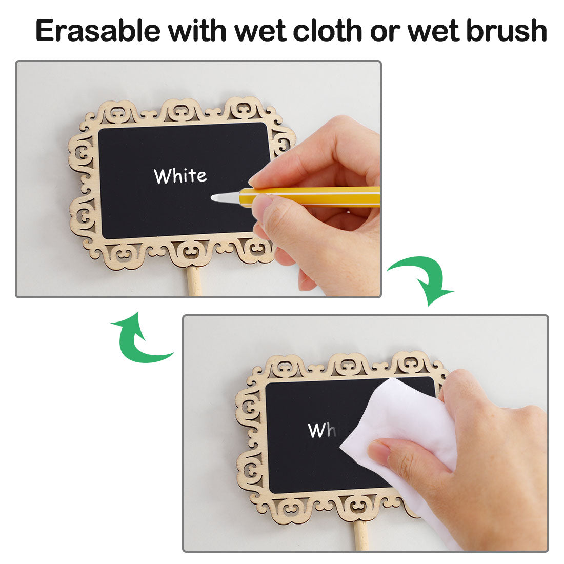 Harfington 16pcs Wood Mini Chalkboard Tag Sign with Base Stand for Wedding Message Board