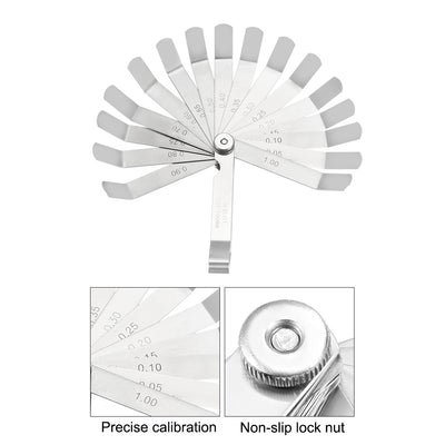 Harfington Metric Thickness Feeler Gauge 0.05-1.00mm 16 Blades Mn Steel Measuring Tool for Width Gap