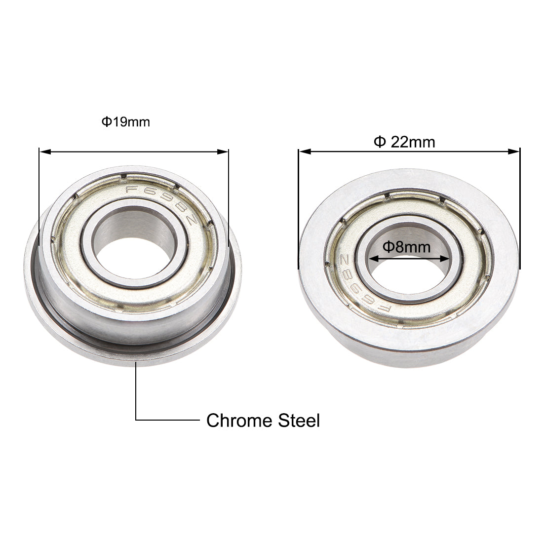 Harfington F698ZZ Flange Ball Bearing 8x19x6mm Shielded Chrome Bearings 2pcs