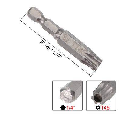 Harfington 2 Pcs T45 Torx Head Screwdriver Bits, Magnetic 2 Inch Long Security Tamper Proof Star 6 Point Screw Driver Drill Bit with 1/4 Inch Hex Shank