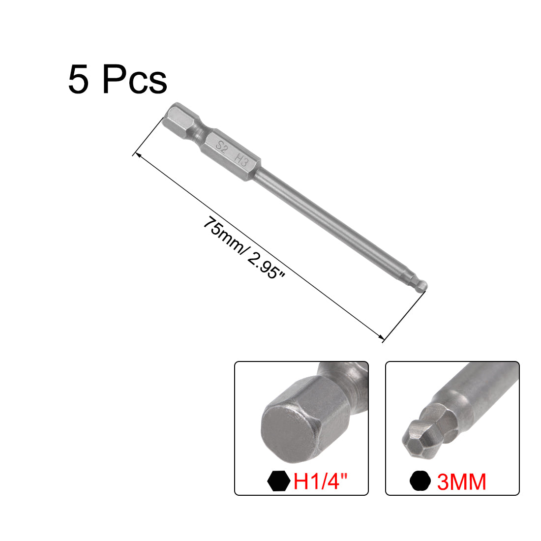 Harfington 5 Pcs H3 (3mm) Ball End Screwdriver Bits, S2 Steel Magnetic 2.95 Inch Long Drill Bit with 1/4 Inch Hex Shank
