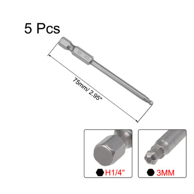 Harfington 5 Pcs H3 (3mm) Ball End Screwdriver Bits, S2 Steel Magnetic 2.95 Inch Long Drill Bit with 1/4 Inch Hex Shank