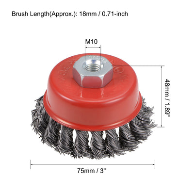 Harfington 3-Inch Wire Cup Brush Twist Knotted Crimped Steel with M10 Threaded Hole