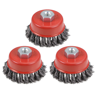 Harfington 3-Inch Wire Cup Brush Twist Knotted Crimped Steel with M10 Threaded Hole 3 Pcs