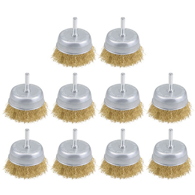 Harfington 3-Inch Wire Cup Brush Brass Plated Crimped Steel with 1/4-inch Shank 10 Pcs