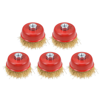 Harfington 3-Inch Wire Cup Brush Brass Plated Crimped Steel with M10 Threaded Hole 5 Pcs