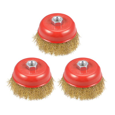 Harfington 4-Inch Wire Cup Brush Brass Plated Crimped Steel with M14 Threaded Hole 3 Pcs