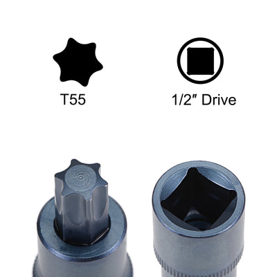 Harfington 1/2" Drive x T55 Torx Bit Socket, S2 Steel Bits, CR-V Sockets Metric 2" Length Blue (For Hand Use Only)
