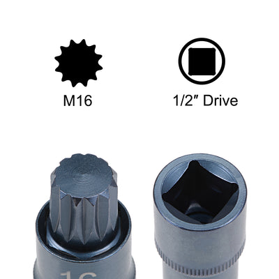 Harfington 1/2-Inch Drive x M16 Triple Square Spline Bit Socket, Metric 2" Length