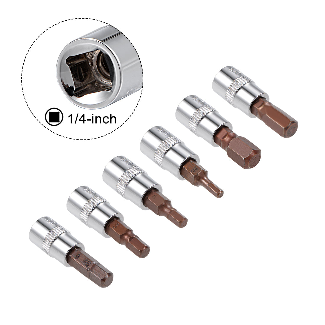 Harfington 1/4" Drive x H3 - H8 Hex Bit Socket Set, S2 Steel Bits, CR-V Sockets 1.5" Length (For Hand Use Only)