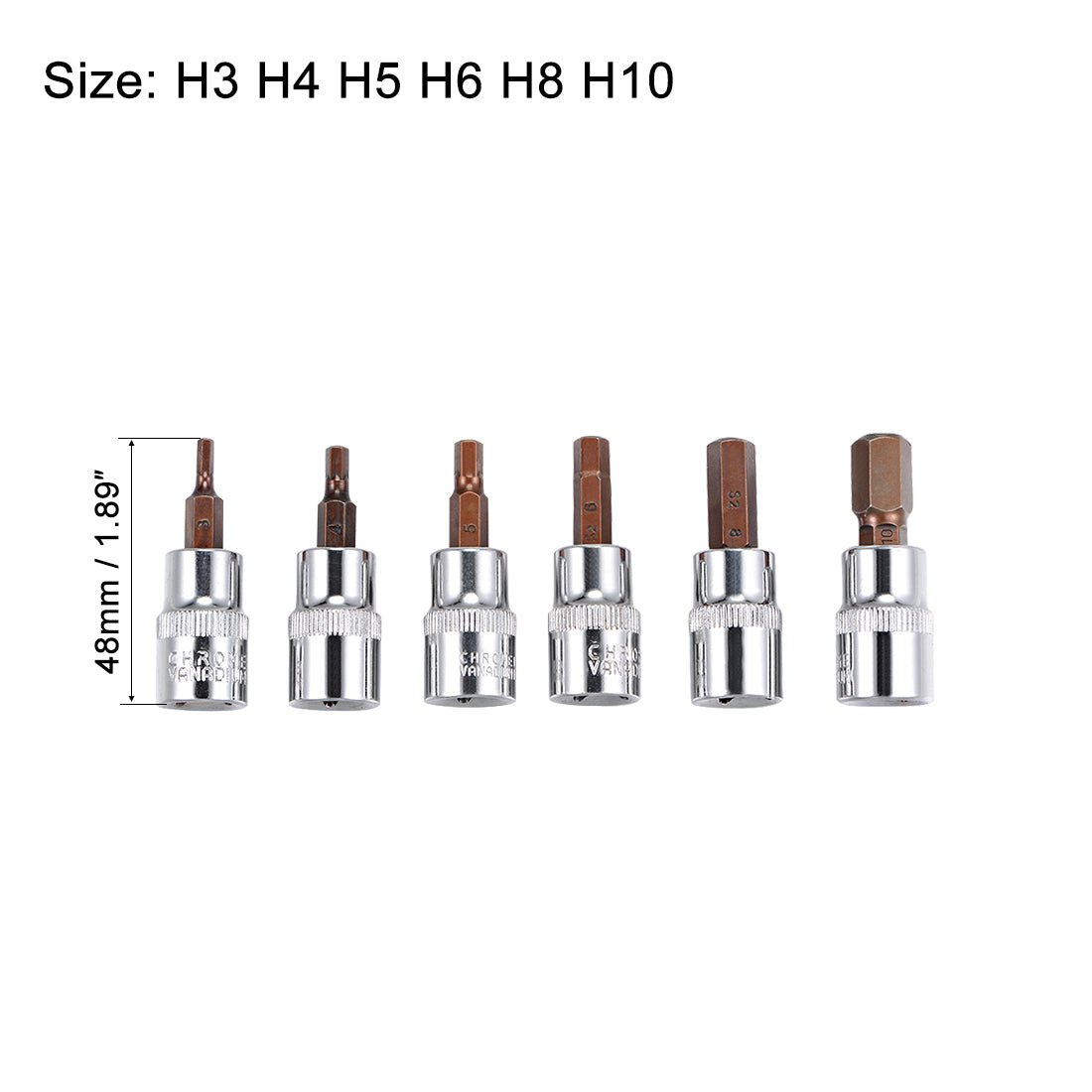 Harfington 3/8" Drive x H3 - H10 Hex Bit Socket Set, S2 Steel Bits, CR-V Sockets 48mm Length (For Hand Use Only)