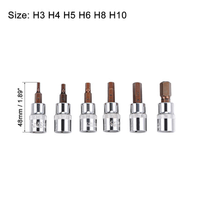 Harfington 3/8" Drive x H3 - H10 Hex Bit Socket Set, S2 Steel Bits, CR-V Sockets 48mm Length (For Hand Use Only)