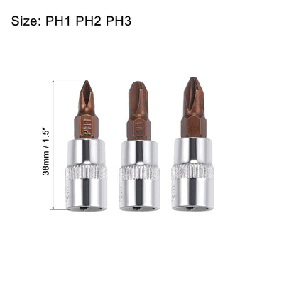 Harfington 1/4-Inch Drive Bit Socket Set PH1 PH2 PH3 S2 Steel 38mm Length 3 Pcs