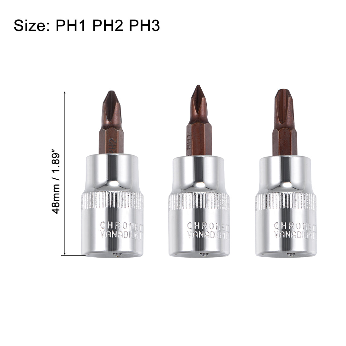 Harfington 3/8" Drive x PH1 - PH3 Phillips Bit Socket Set, S2 Steel Bits, CR-V Sockets 48mm Length (For Hand Use Only)