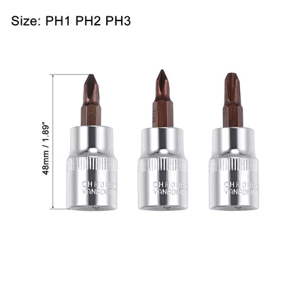 Harfington 3/8" Drive x PH1 - PH3 Phillips Bit Socket Set, S2 Steel Bits, CR-V Sockets 48mm Length (For Hand Use Only)