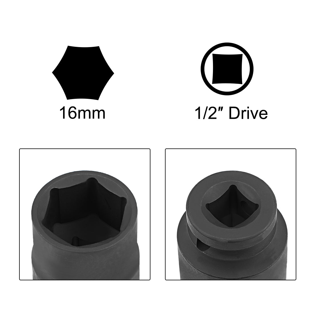 Harfington 3 Pcs 1/2-Inch Drive by 16mm Shallow Impact Socket, Cr-Mo, 6-Point, Metric