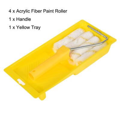 Harfington 4xPaint Roller Brush 4 Inch for Household Wall Painting Treatment with 1xPlastic Handle and 1xTray