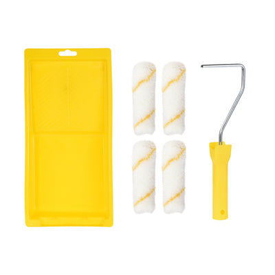 Harfington 4xPaint Roller Brush 4 Inch for Household Wall Painting Treatment with 1xPlastic Handle and 1xTray