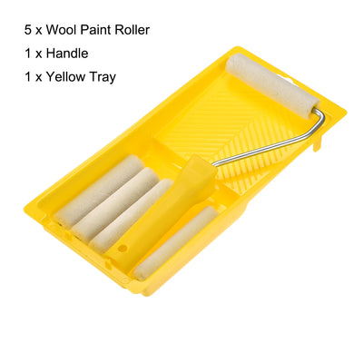 Harfington 5xWool Paint Roller Brush 4 Inch 10cm for Household Painting Treatment w 1xHandle and Tray