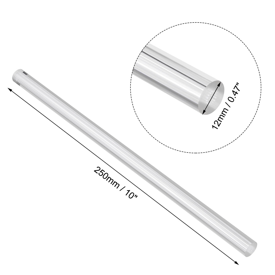 Harfington Solid Acrylic Round Rod Straight Light White Line PMMA Bar 12mmx250mm 2Pcs