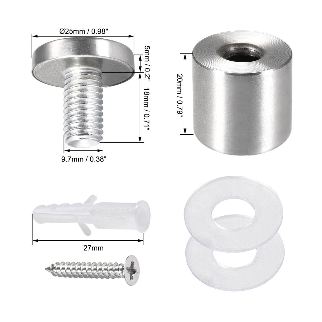 Harfington Glass Standoff Mount Stainless Steel Wall Standoff Holder Advertising Nails 25mm Dia 27mm Length with Mounting Screws , 10 Pcs